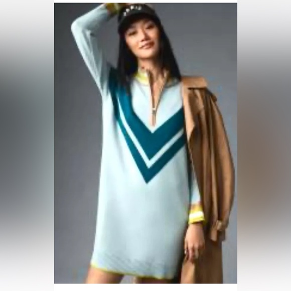 Anthropologie Maeve Varsity Half Zip Tunic Mini Sweater Dress Aqua Teal - Picture 2 of 7